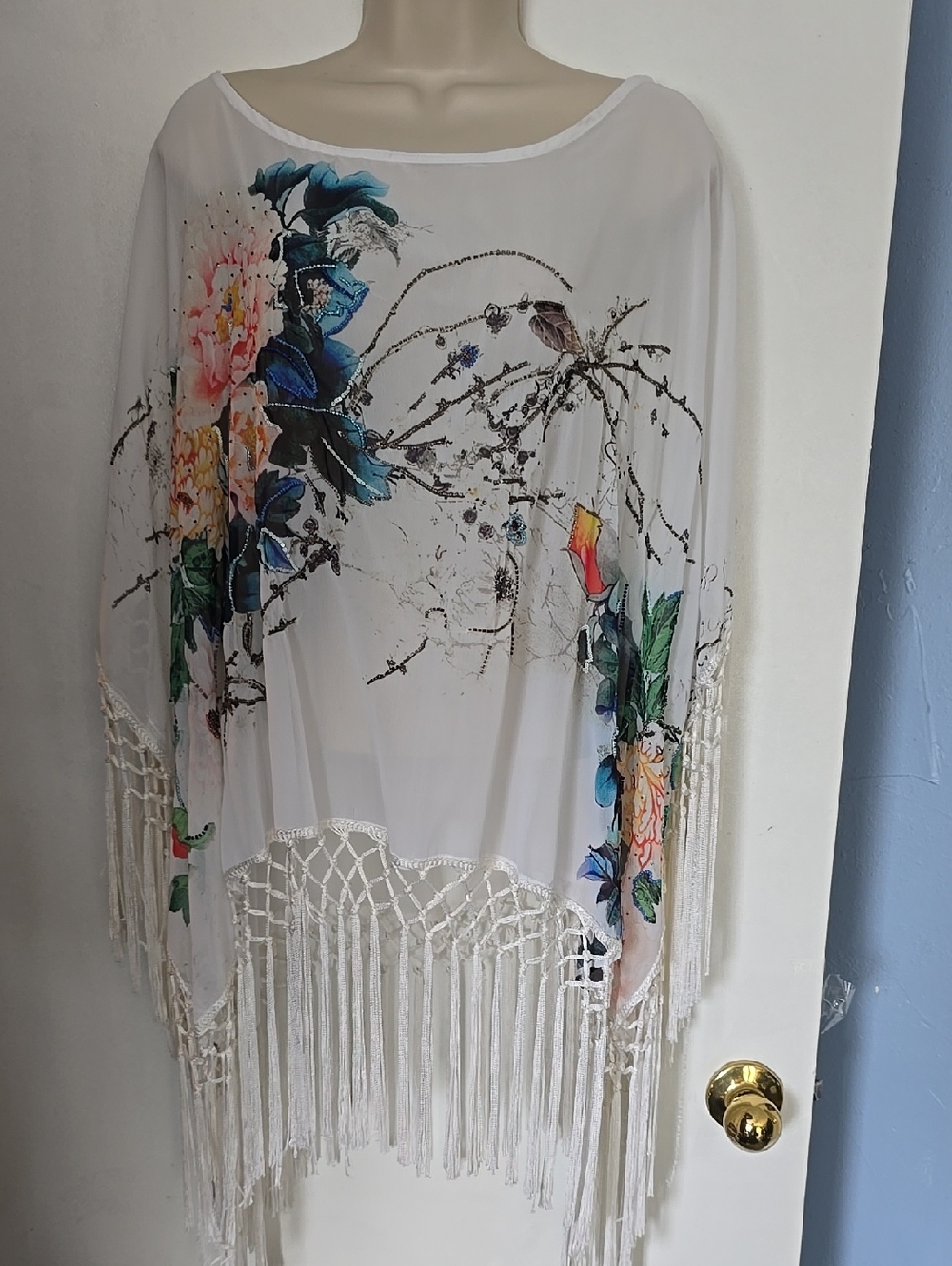Chico's Guilded Beauty White Fringe Poncho Blue Teal Floral Peach Accent OS NWT